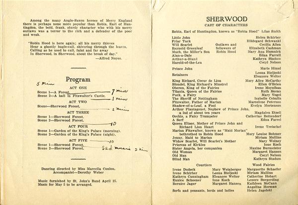Two-page theater program for "Sherwood." Left page lists acts and scenes; right page lists cast of characters and their roles, with names of actors beside each role. Pages are cream-colored with black text, showing signs of aging.