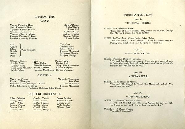 A theater program page listing characters, actors, and a program of play. It includes categories for Pagans, Christians, and College Orchestra. The scenes are titled "The Royal Decree," "Some Perplexities," "Mercia's Peril," and "Christ or Caesar.