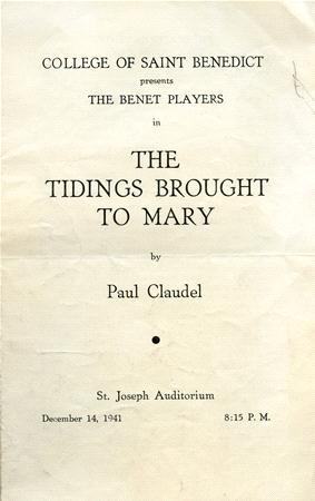 A vintage program cover from the College of Saint Benedict for "The Tidings Brought to Mary" by Paul Claudel, performed by The Benet Players at St. Joseph Auditorium on December 14, 1941, at 8:15 PM.