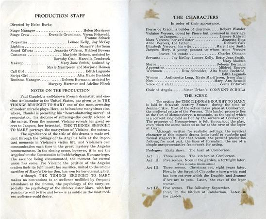 An open theatrical program with details of production staff, character list, and notes on the production. The pages are slightly stained at the corners. The program mentions a play set in the 1700s featuring characters like Père de Crois and Volante Vercore.