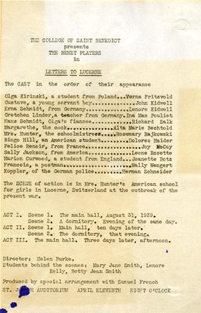 A theater program from The College of Saint Benedict for "The Brent Players" in "Letters to Lucerne." It lists the cast and roles, with scenes and production details. The performance is scheduled for April 11th at eight o'clock.