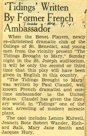 A newspaper clipping titled "Tidings" Written by Former French Ambassador details a performance by the Benet Players. It mentions the play "The Tidings Brought to Mary" by Paul Claudel, with a list of cast members.