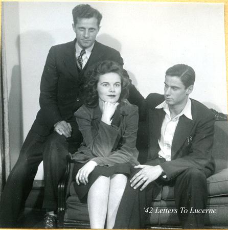 Three people sit together, a woman in the center with two men beside her. The man on the left stands with a hand on the woman's shoulder, while the other is seated, resting his arm on her knee. They wear 1940s-style clothing. "42 Letters To Lucerne" is written at the bottom.