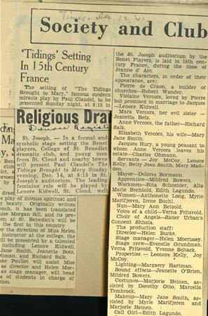 A vintage newspaper clipping featuring articles about various society and club events, including a play titled "Tidings" set in 15th century France and a religious drama with detailed cast and staff listings. Text is overlapping.
