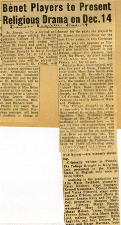 Newspaper clipping titled "Benet Players to Present Religious Drama on Dec. 14." It discusses a religious drama by the St. Benedict's alumnae, mentioning key participants like Mrs. Adele Grummert and Mrs. William H. Brinker.