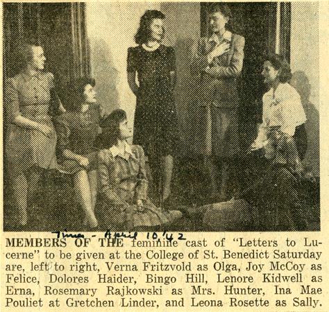 Vintage newspaper photo showing the female cast of "Letters to Lucerne" from April 1942. Seven women are seated and standing in a relaxed pose, dressed in period clothing. The scene appears to be from a theatrical setting.