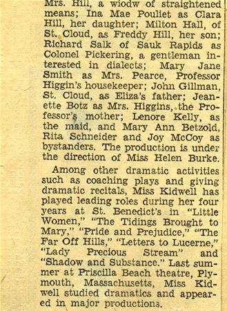 A newspaper clipping featuring a list of individuals associated with dramatic roles and coaching. It includes names like Mrs. Hill, Milton Hall, Richard Salk, and Mary Jane Smith, mentioning their various roles and associations with plays and productions.
