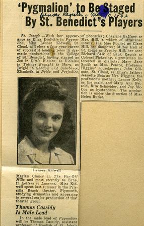 Newspaper clipping featuring a black and white portrait of Lenore Kidwell, an actress in the play "Pygmalion," to be staged by St. Benedict's Players. The article details the cast and production team involved in the play.