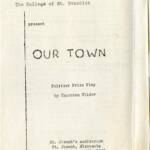 The image shows a vintage theater program for "Our Town," a Pulitzer Prize play by Thornton Wilder, presented by the College of St. Benedict at St. Joseph's Auditorium on Sunday, February 24, 1946, at 8:00 p.m.