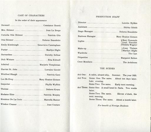Cast and crew list for a theatrical production. Includes character names and actors, production staff, and scenes. Set on a ship in summer 1926 with three scenes: Afternoon at sea, small town, and eleven o'clock, over two weeks.