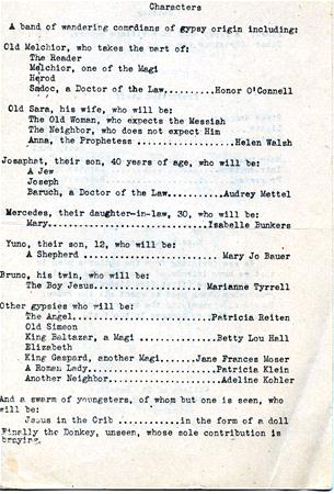 Typed list of characters, including Old Melchior, The Reader, Mechior, Dr. of the Law, Old Sare, Old Woman, Neighbor, Ann, Josephath, Joseph, Berush, Mercedes, Shep, Bruno, Esther, Brother, Cherry, Beulah, Helena, Peter, and Gloria.