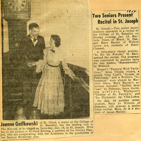 Old newspaper clipping with a sepia-toned photo of two people standing together. The article headline reads, "Two Seniors Present Recital in St. Joseph." There's text about a recital involving a pianist and a soprano. Date noted as 1938.