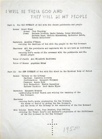 A typewritten program titled "I Will Be Their God and They Will Be My People," detailing parts and scenes about the Old and New Covenants. Includes narrators, scenes, and roles, with a typed cross and the year "1952" at the bottom.