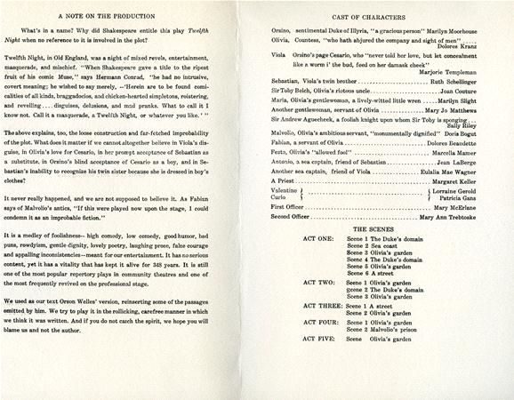 A scanned page from a play program. The left side contains a note on the production of "Twelfth Night" by Shakespeare. The right side lists the cast of characters with corresponding actors' names. Scene titles and act numbers are also mentioned.