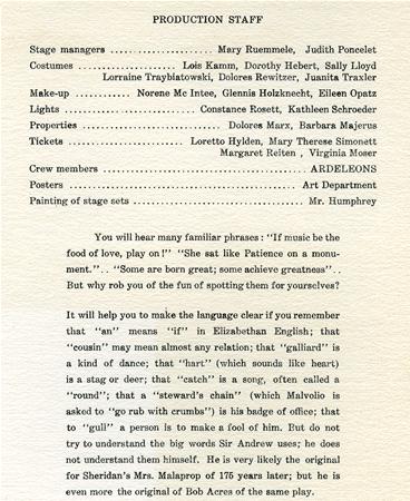 A vintage document listing the production staff for a performance, detailing roles such as stage managers, costume designers, and more. It includes a paragraph that discusses character interpretations. Decorative dots connect names with their roles.