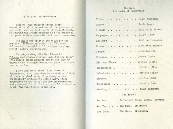 A vintage theater program displaying a typed list entitled "The Cast," with roles and corresponding actors' names. Another section, "A Note on the Production," discusses the play, Moliere, and director Ken Johnson's innovative approach.