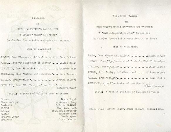 A typed theater program featuring two plays: "New Shakespearean Ladies' Night" and "New Shakespearean Gentlemen's Night," both by Charles George. The document lists cast members and production crew under each play's title.