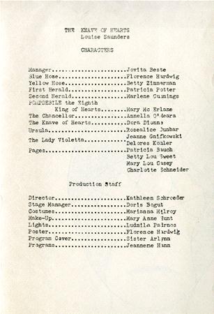 A typed cast list for a production titled "The Knave of Hearts" by Louise Saunders. It includes character names and corresponding actors, followed by a production staff list with roles and names.