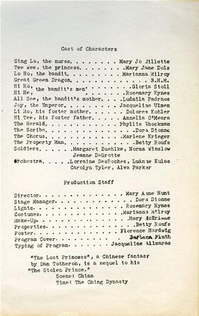 Black text on a pale yellow background lists the cast and production staff of a play titled "The Stolen Princess." It includes names assigned to various roles and positions, with dots connecting the roles to the names.