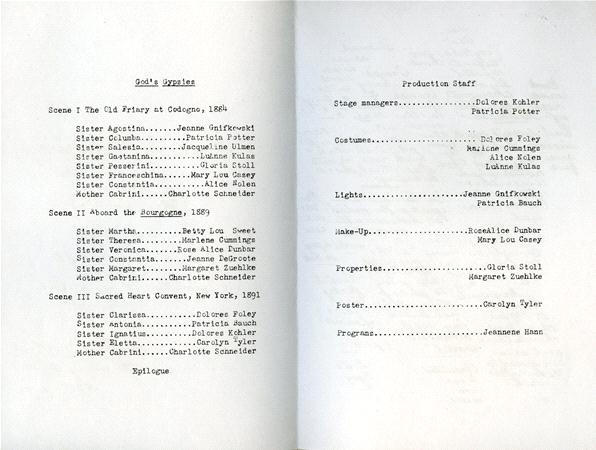 A theater program lists cast and crew for a play titled "God's Orphans." Contains character names alongside actors, and production staff roles such as stage manager, costumes, lights, and make-up, followed by an epilogue section.