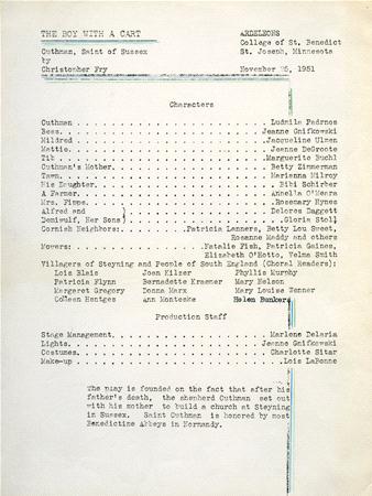 Typed document of a play titled "The Boy With a Cart" by Christopher Fry dated November 5, 1951. It lists characters and production staff for a performance at the College of St. Benedict, St. Joseph, Minnesota. A note details the play's historical basis.