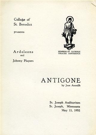 Program cover for a 1952 College of St. Benedict production of "Antigone" by Jean Anouilh. Features an illustration of a figure in a toga and text details of the play's presentation date and location in St. Joseph, Minnesota.