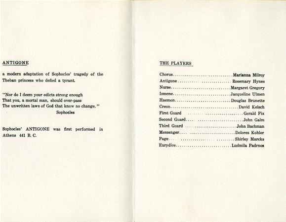A program page for "Antigone," a modern adaptation of Sophocles' tragedy. It features a quote from Sophocles and a cast list, including characters like Antigone and Creon with corresponding actors' names.