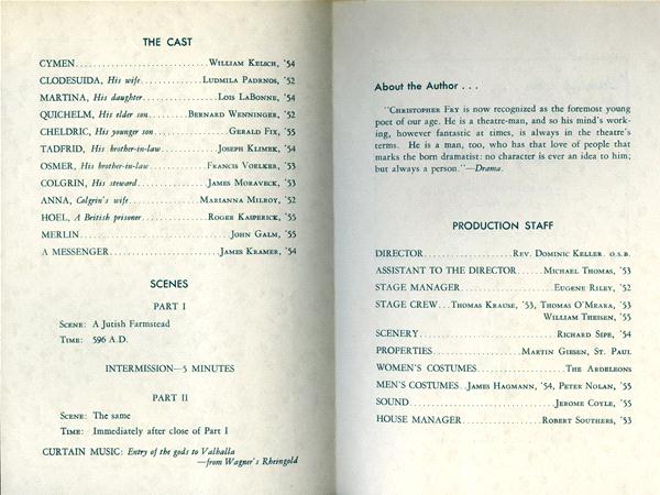 A theater program page listing the cast and production staff for a play. It includes character names with the actors' names beside them, as well as details about the director, stage manager, and other crew members. The layout is split into sections.