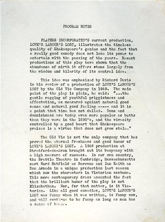 Typed program notes on white paper explaining the comedy elements of "Love's Labour's Lost." The text mentions Richard David's critical review and describes the play's enjoyment despite themes of rejection and human nature complexities.