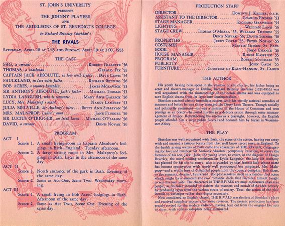 A vintage playbill with pink and red illustrations of theatrical masks. It lists the cast, production staff, and author for the play "The Rivals" at St. John's University. The text is organized in columns with decorative graphics in the background.