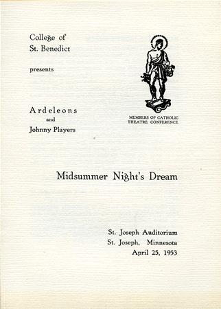 Flyer for a production of "Midsummer Night's Dream" by the College of St. Benedict, featuring Ardeleons and Johnny Players. Includes a logo of the Catholic Theatre Conference. Event on April 25, 1953, at St. Joseph Auditorium, Minnesota.