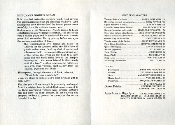 Scan of a theater program for "Midsummer Night's Dream." The left page has text about the play and Shakespeare. The right page lists the cast and characters, including roles like Theseus, Hippolyta, and various fairies.