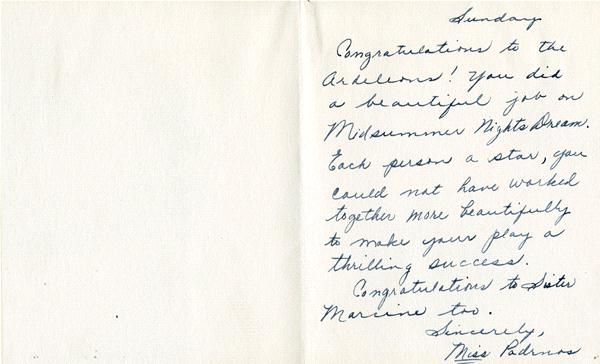 A handwritten letter on an open card. The message is congratulatory, praising the "Andersons" for a successful performance of Midsummer Night's Dream. It mentions "each person a star" and congratulates Sister Marissa. Signed by Miss Ladrous.