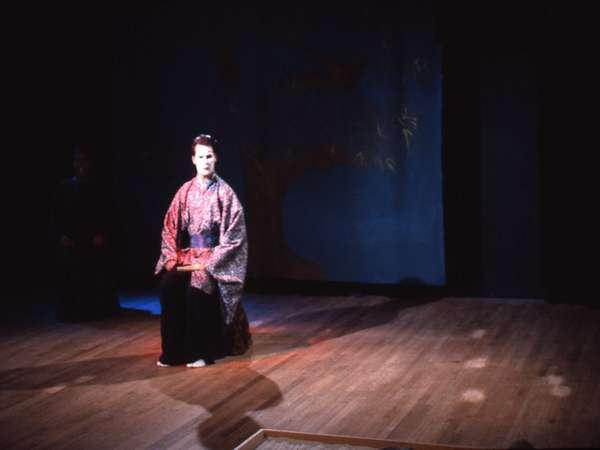 A person in traditional Japanese attire, kneels on a dimly lit stage. The spotlight illuminates the ornate kimono, casting shadows on the wooden floor. A dark backdrop with subtle designs enhances the dramatic setting.