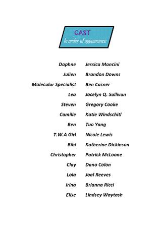 Text image showing a cast list in order of appearance. Names include Daphne, Julien, Molecular Specialist, Lea, Steven, Camille, Ben, T.W.A Girl, Bibi, Christopher, Clay, Lola, Irina, and Elise, with associated actors beside each role.