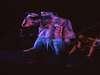 A group of dancers performs on stage, lit by moody, purple lighting. They pose dynamically, emphasizing fluid movement and grace against a dark backdrop. The atmosphere is intense and artistic.