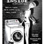 Black and white poster for the play "A Devil Inside" by David Lindsay-Abaire. Features a sketch of a quirky, bespectacled character holding a wrench. Dates and times for performances are listed. Contact information is provided for tickets.