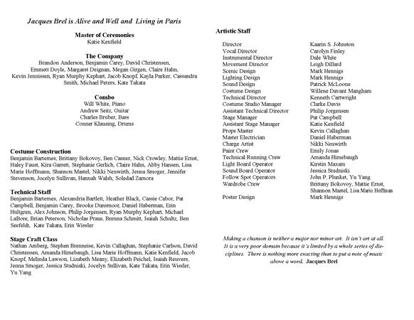 Text listing staff involved in a production titled "Jacques Brel is Alive and Well and Living in Paris." Includes roles like Master of Ceremonies, Director, and various technical and costume staff. Decorative border with a quote about theater.