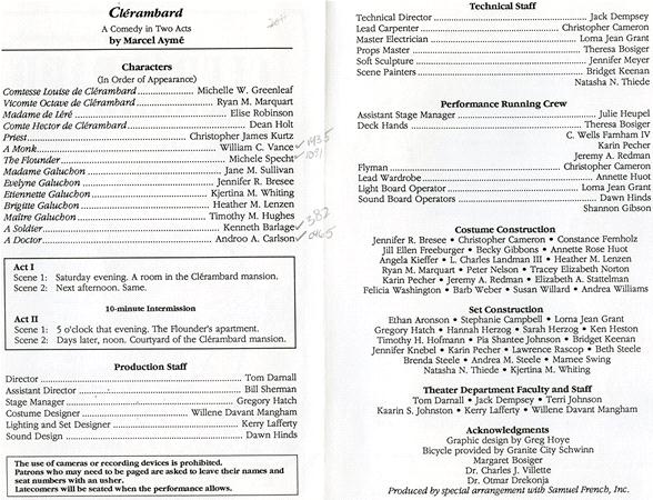 A detailed program page featuring a list of characters, production staff, technical crew, and acknowledgments for a play titled "Clérambard" by Marcel Aymé. Names and roles are organized in columns with headings for clear presentation.
