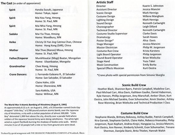 A list of cast and production crew members for a play. It includes role names, actors, their hometowns, and production crew titles. The text is typed in a standard font across two columns, with details on the scenic and costume build crews.