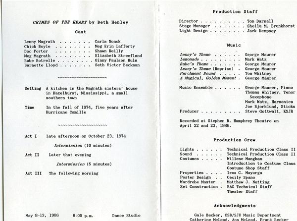 The image shows a theater program for "Crimes of the Heart" by Beth Henley. It lists the cast, setting, production staff, and crew details, along with performance dates and venue. The performances are at Dunsec Studio from May 8-13, 1986, at 8:00 p.m.