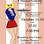 Poster for "Dames at Sea" musical comedy featuring a cartoon-style woman in sailor attire holding a ship. Show dates are October 11-15 and 17-21 at 7:30 PM, held at Benedicta Arts Center, Colman Theater. Limited seating info included.