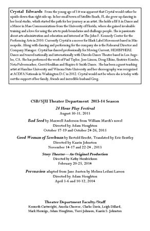 Text document listing Crystal Edwards' biography and the CSB/SJU Theater Department 2013-14 season, including plays "Bad Seed" and "Good Woman of Szechuan." It also lists faculty/staff members.