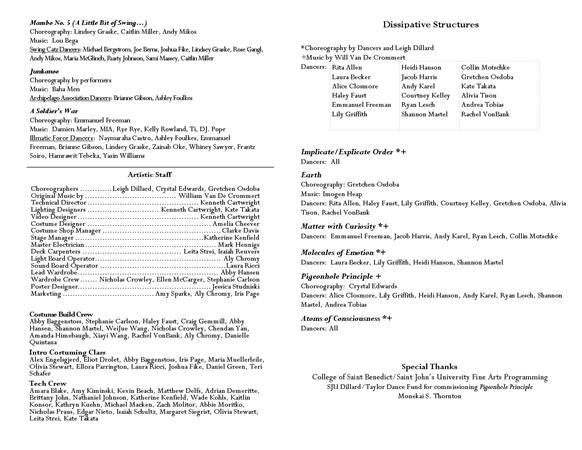 A program page listing credits for a performance. Sections include choreography, artistic staff, band/cast members, and special thanks. Names of contributors are grouped under various headings, with some text formatted in columns.