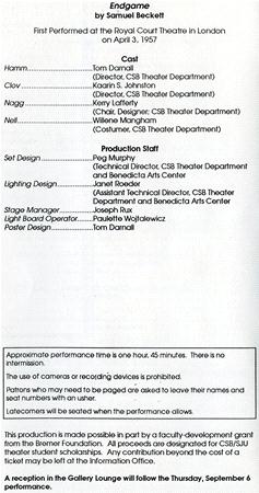 Playbill for "Endgame" by Samuel Beckett, detailing cast, production staff, and performance duration. Includes a note about recording devices and child attendance. Mentions a post-performance reception in the Gallery Lounge.