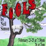 Poster for the play "Fools" by Neil Simon. It features a goat on a tree branch against a pastoral background. Text includes performance dates, times, and location details at the College of Saint Benedict and St. John's University.