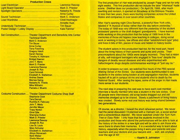 A yellow production crew list for a theatrical production, featuring names for roles such as lead electrician, sound designer, and others on the left. The right side includes a detailed history and context about the production of "Hair" by Kaarin S. Johnston.