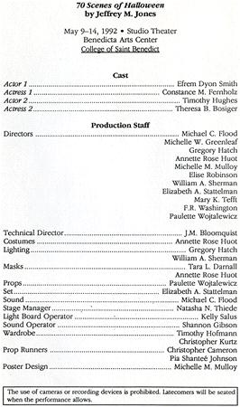 A playbill for "70 Scenes of Halloween" by Jeffrey M. Jones, performed May 9-14, 1992, at the Benedicta Arts Center, College of Saint Benedict. It lists the cast, directors, and production staff, with a note prohibiting cameras and recording devices.