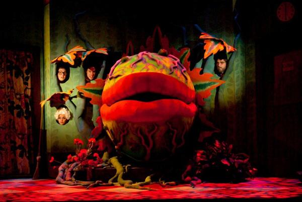 A large, colorful plant with a massive mouth is center stage. Three actors in foliage costumes are emerging from the plant's vines. The dimly lit set resembles a floral and leaf-themed environment.