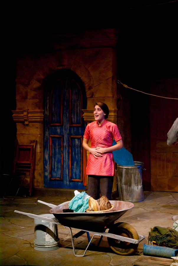 A person in a red top and dark pants stands in a dimly lit room, singing or speaking passionately. In front is a wheelbarrow filled with cloth. The background features a blue door and rustic decor.